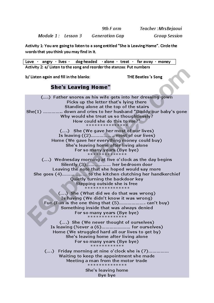 She Is Leaving Home  worksheet