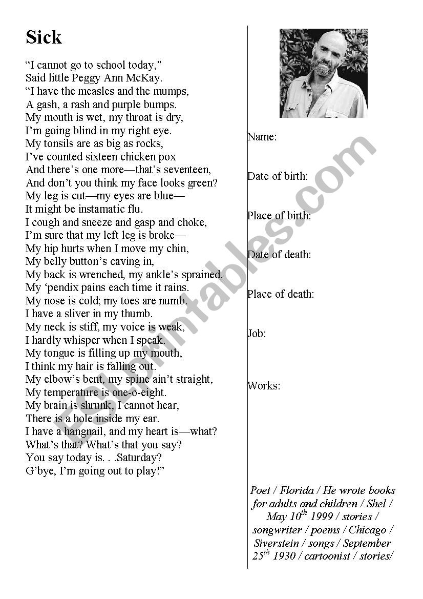 Sick-Shel Silverstein worksheet