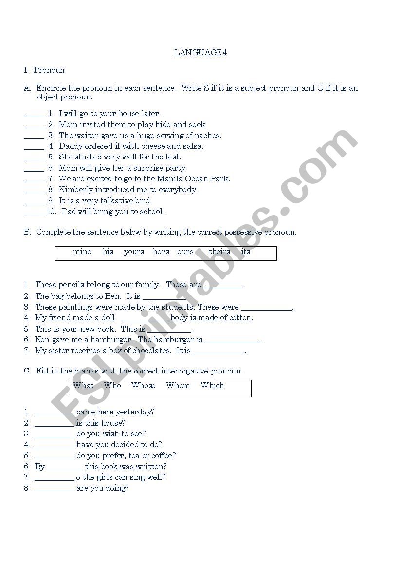 pronoun and verb worksheet