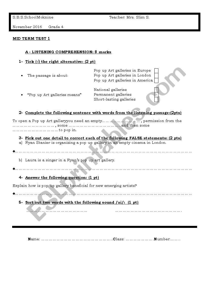 MID SEMESTER TEST 4th FORM PUPILS TUNISIAN PROGRAM