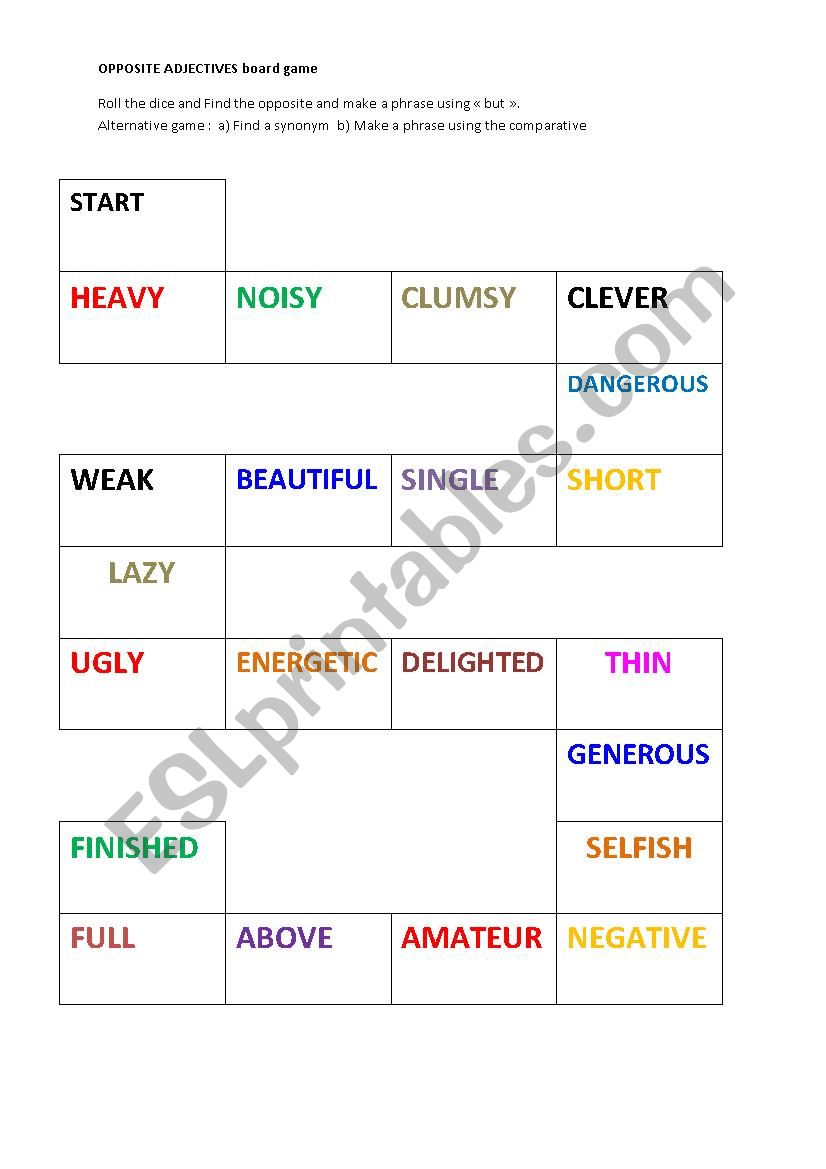 OPPOSITE ADJECTIVE BOARD worksheet