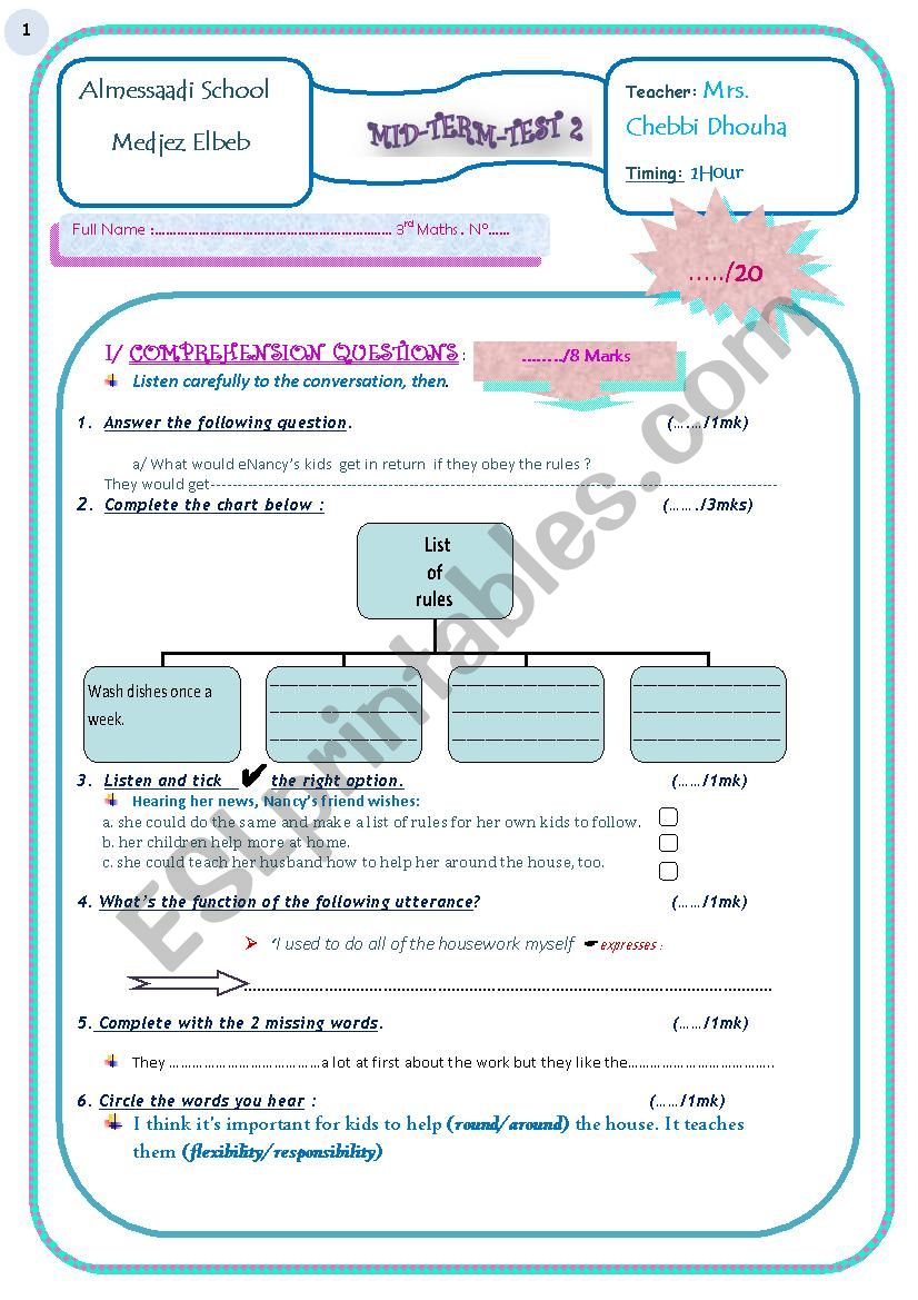 mid-term-test1, 3rd form worksheet