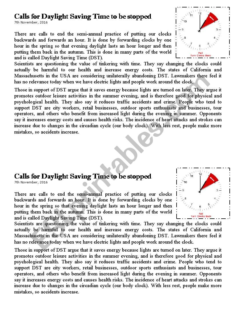 Written Comprehension - DAYLIGHT SAVING TIME (inspired from BreakingNewsEnglish)