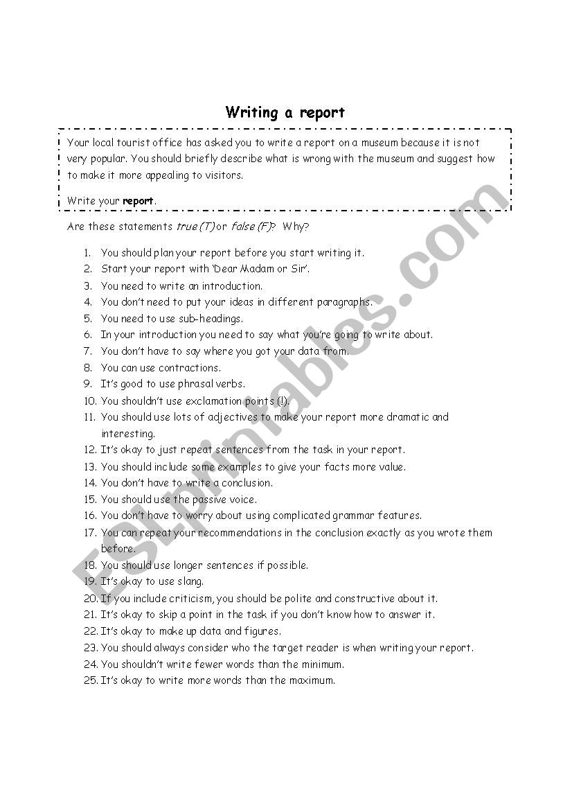 Writing a report worksheet