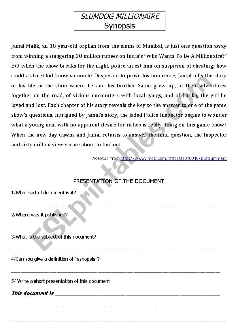 Slumdog Millionaire worksheet