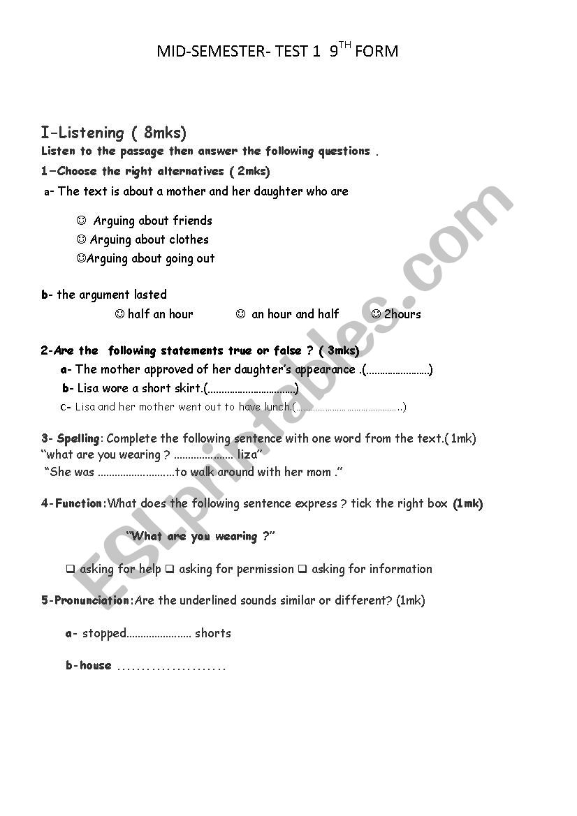 MID - SEMESTER TEST   1    9TH FORM