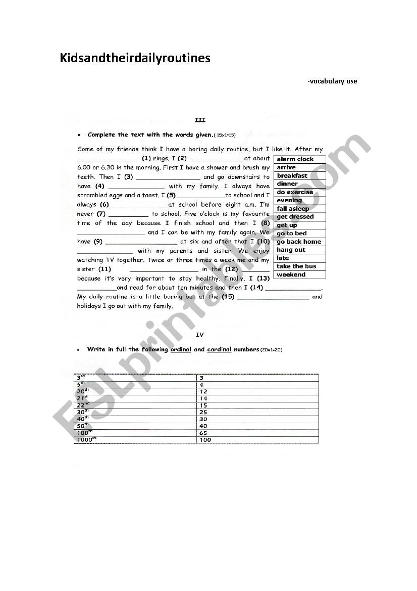 Gap filling exercise / cardinal/ordinal numbers