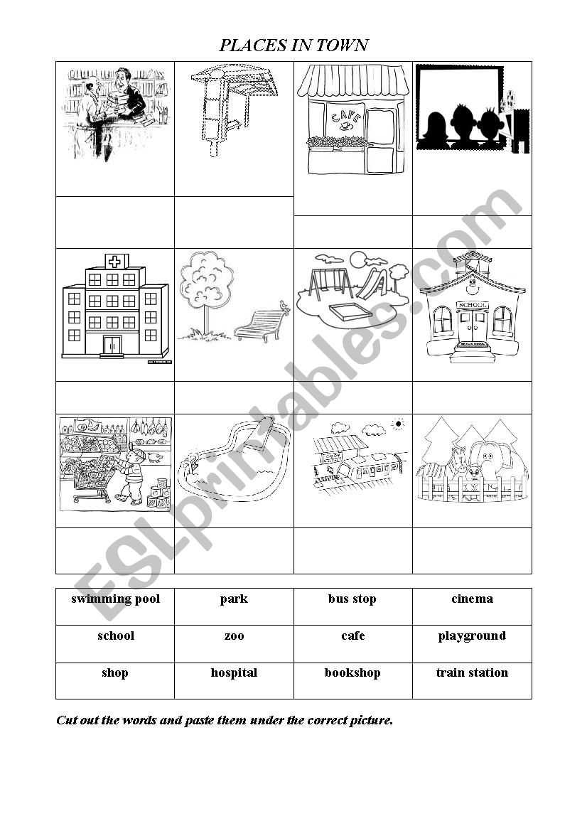 Places in town (Colour + B&W) worksheet