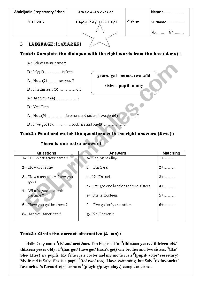 mid semester test worksheet