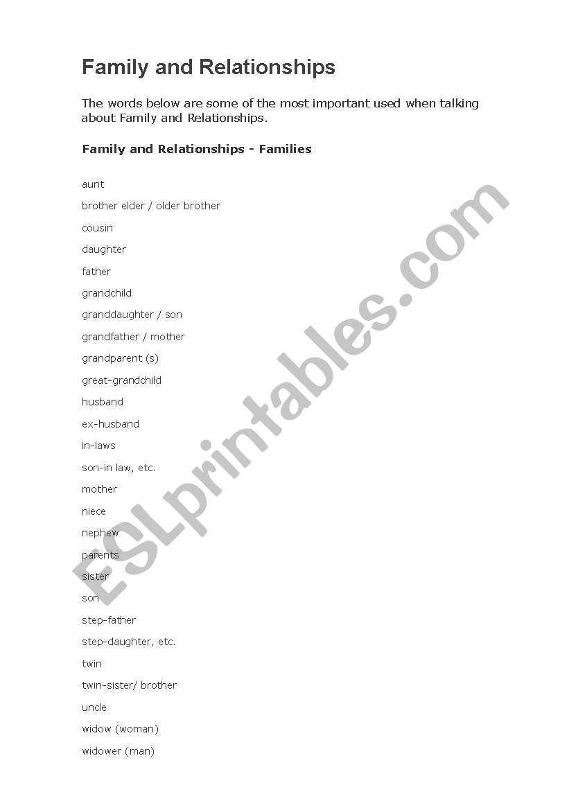 Family and Relationships worksheet
