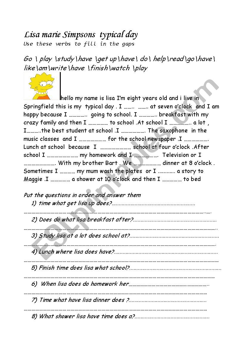 lisa typical day  worksheet