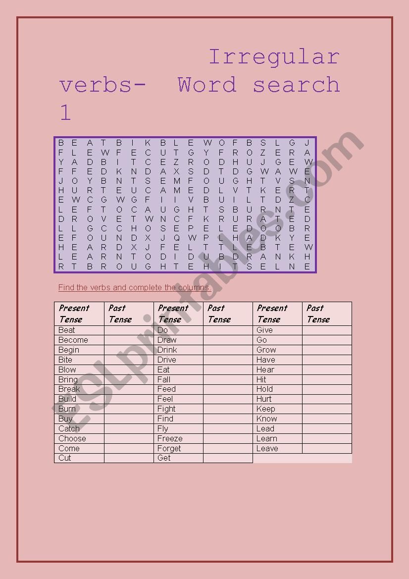 Irregular verbs- Word search 1