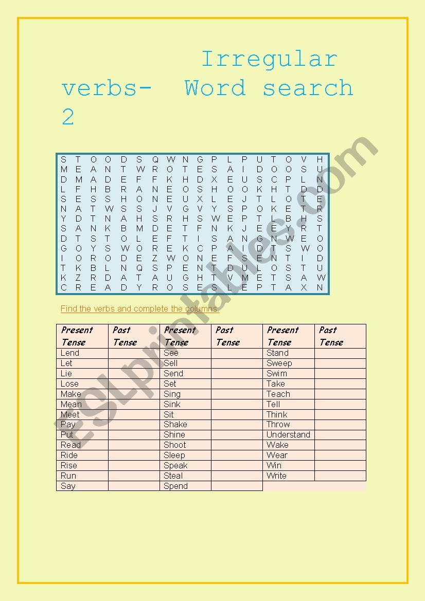 Irregular verbs- Word search 2