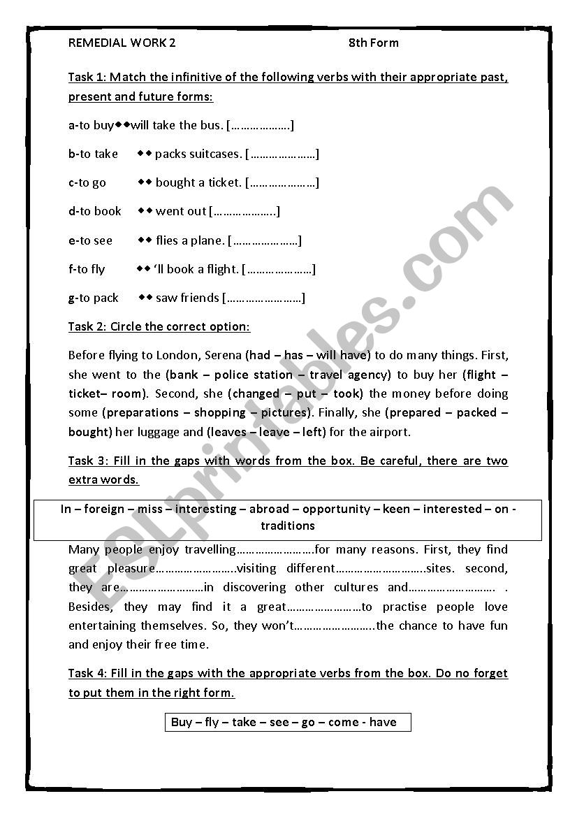 Remedial work 1 for 7th form (Tunisian Program) 