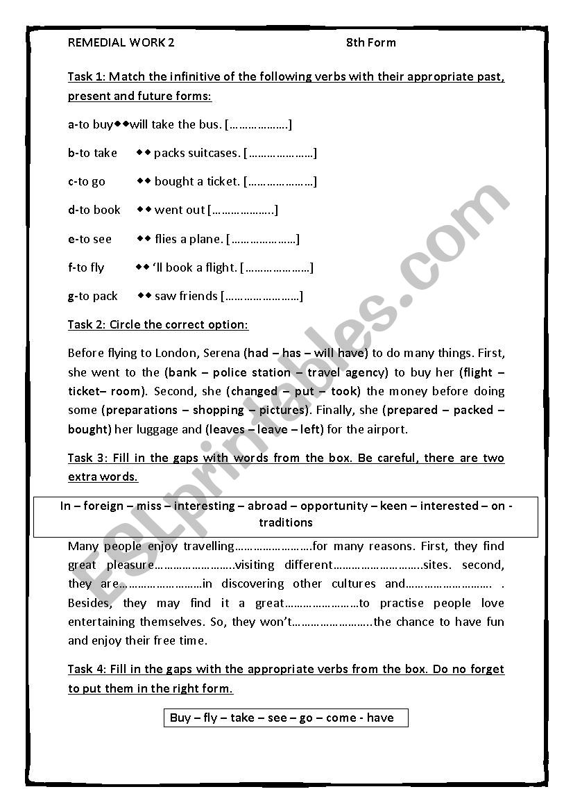 Remedial work 1 for 7th form (Tunisian Program) 