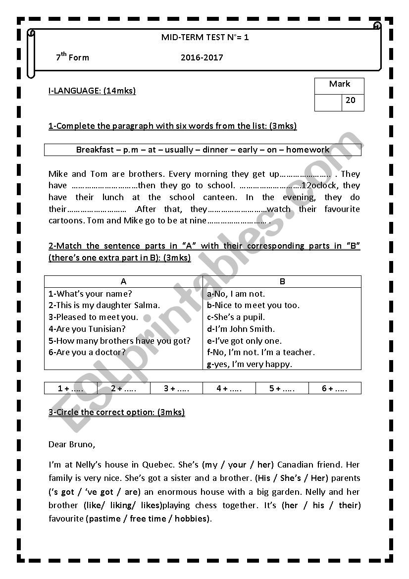 Mid term test n1 (7th form tunisian program)