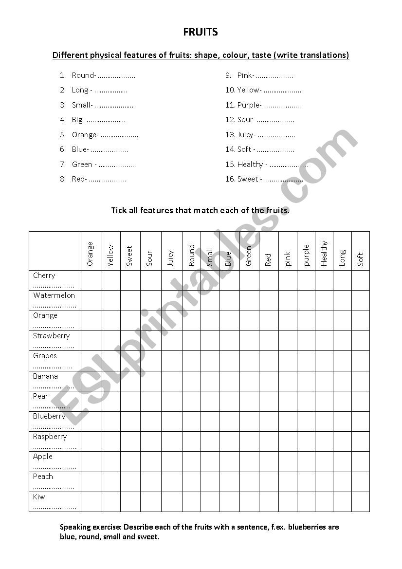 Fruits features excersise worksheet