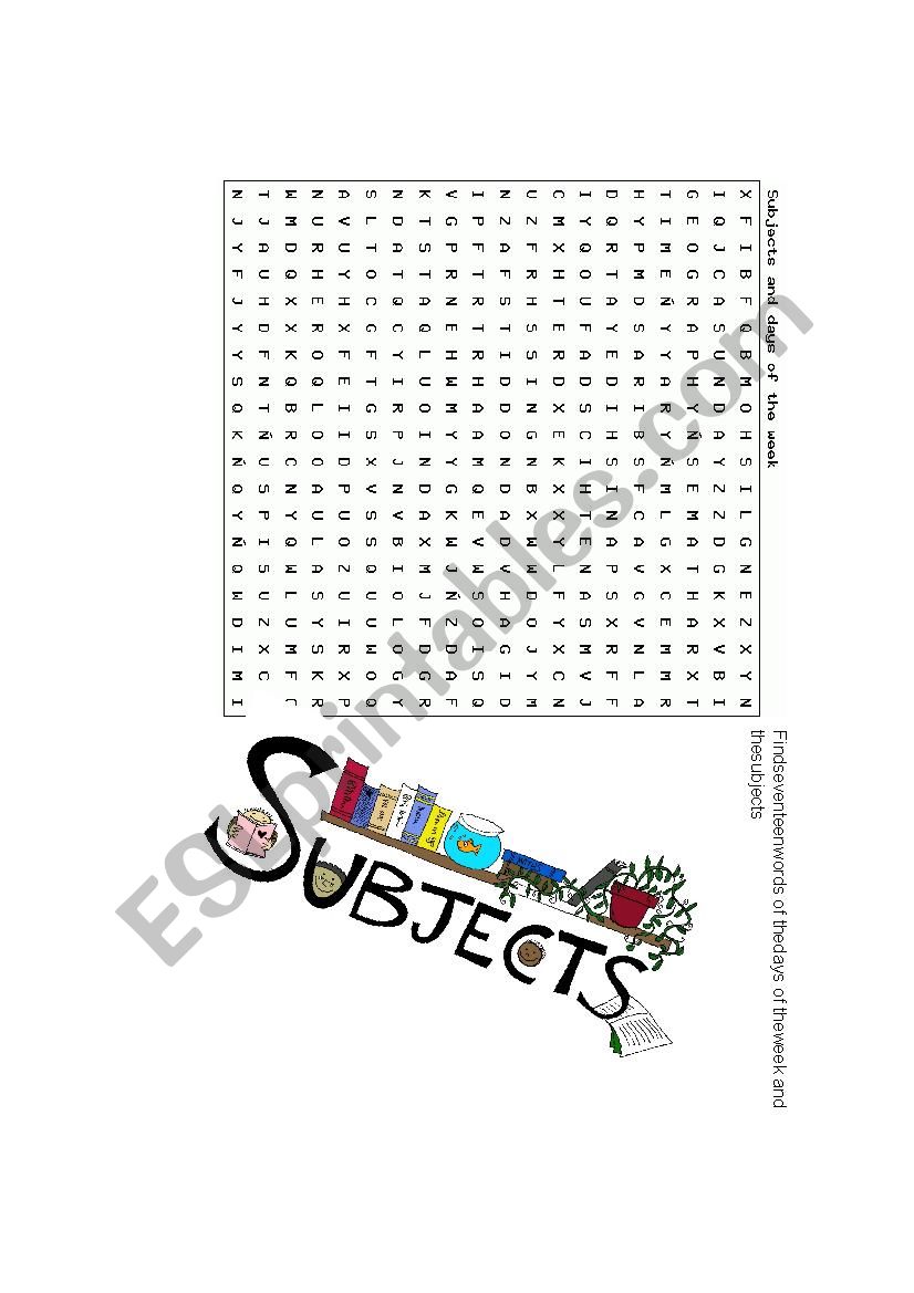 Subjects and days of the week worksheet
