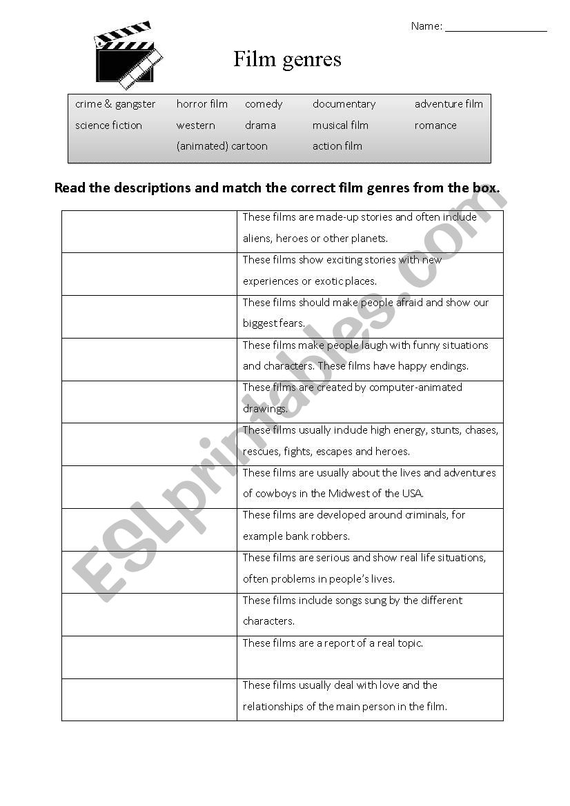 Film genres worksheet