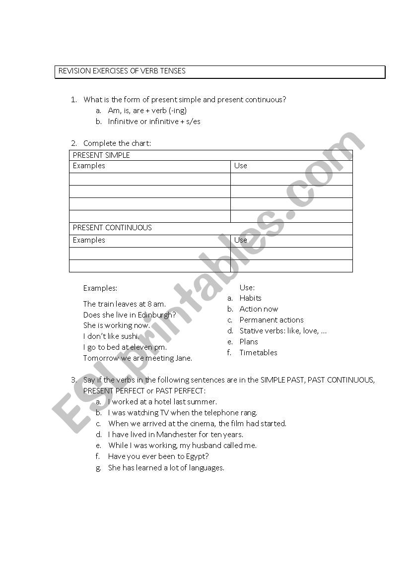 Revision of tenses (with key) worksheet