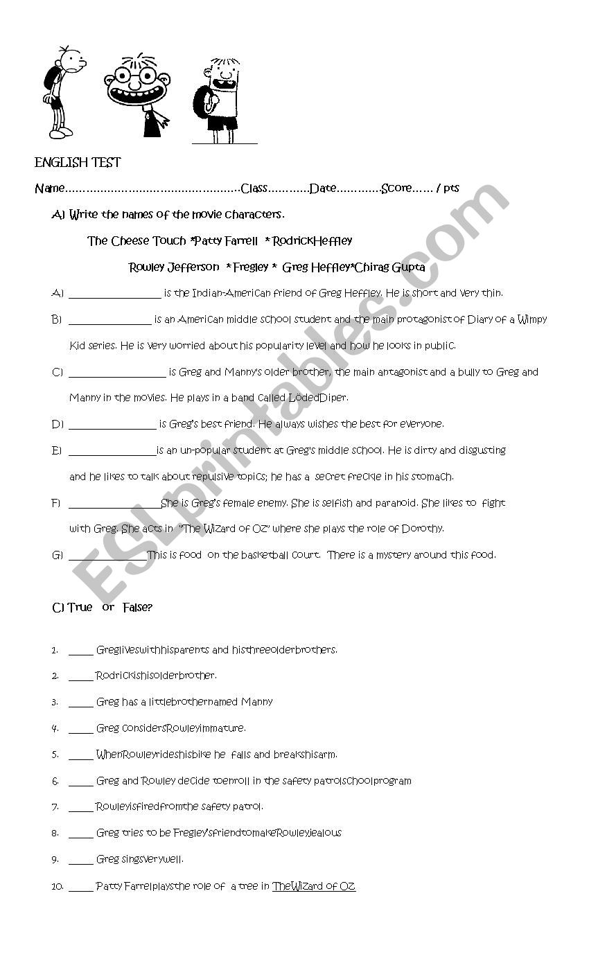 Diary of a Wimpy Kid Test worksheet
