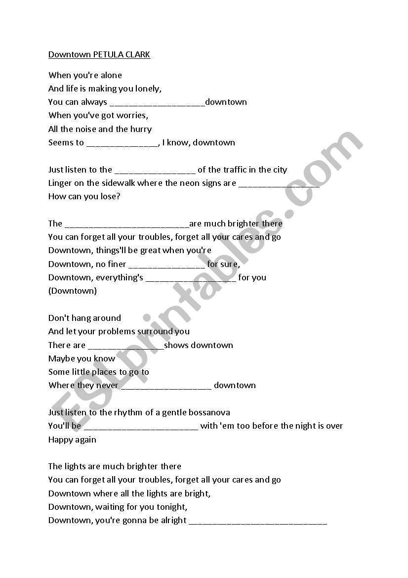 Petula Clark downtown song worksheet