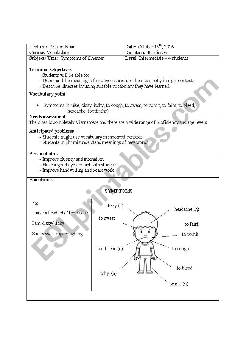 Lesson plan for Vocabulary (Symptoms of illnesses)