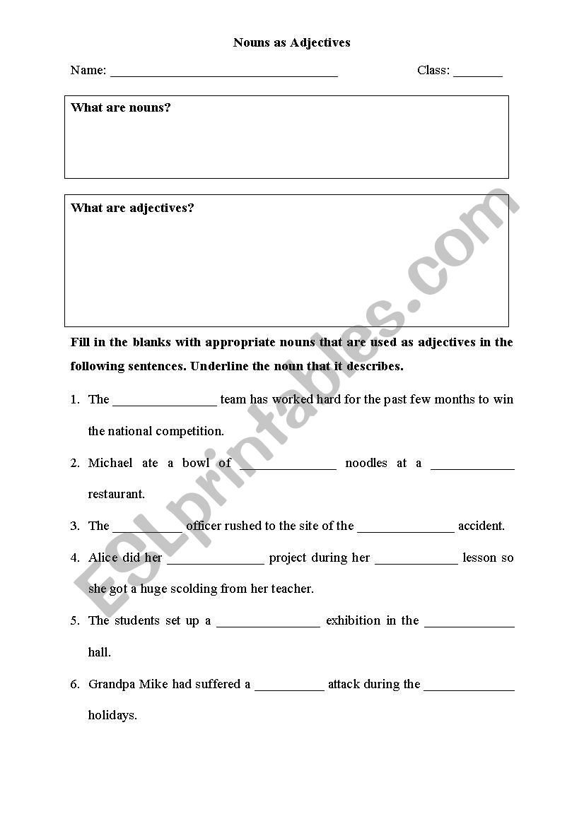 Nouns Used As Adjectives ESL Worksheet By Val 8893