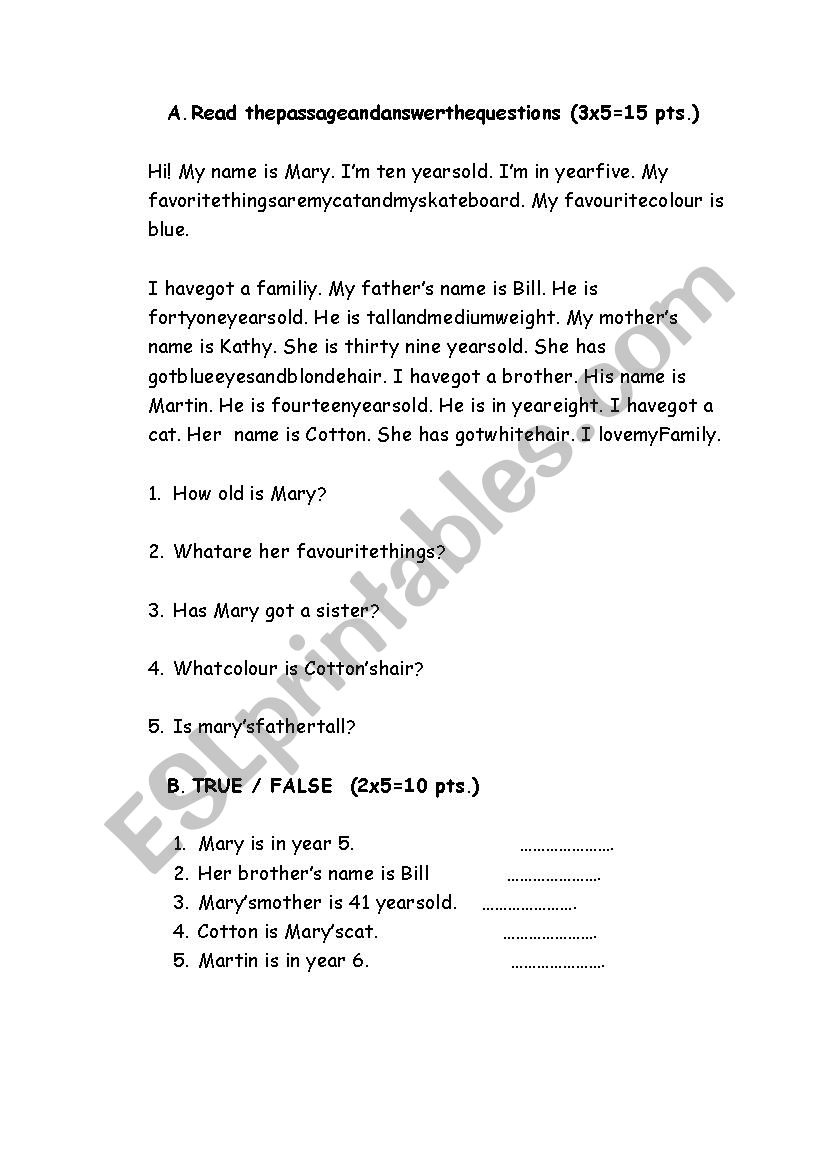 reading text worksheet