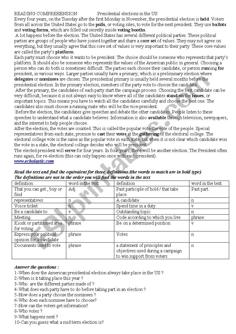 American elections 2016 worksheet