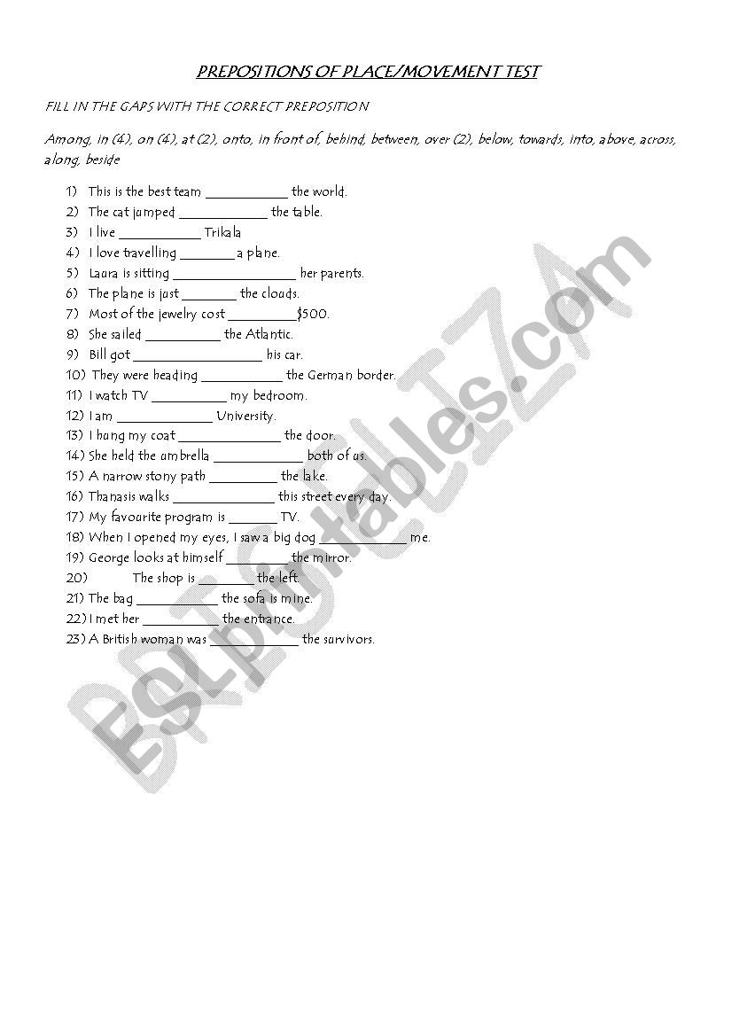 PREPOSITIONS OF PLACE worksheet