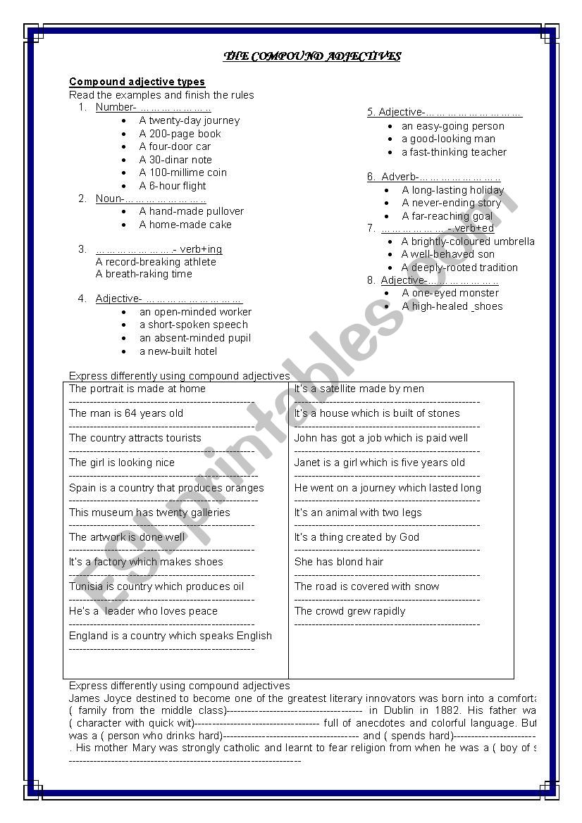 compound adjectives  worksheet