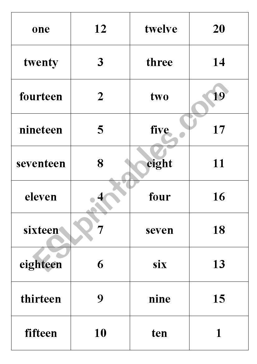 Numbers 1-20 domino worksheet