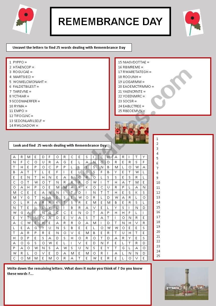 Remembrance Day - wordsearch worksheet