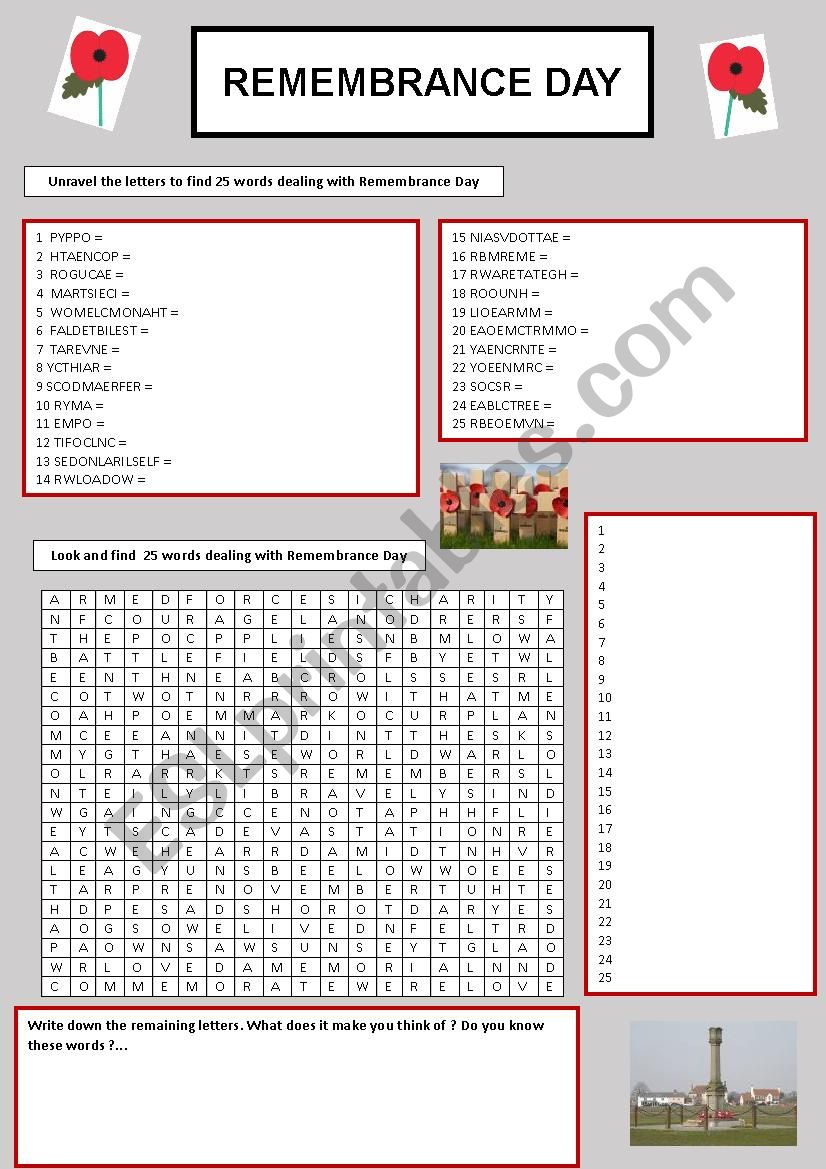 Remembrance Day - wordsearch worksheet