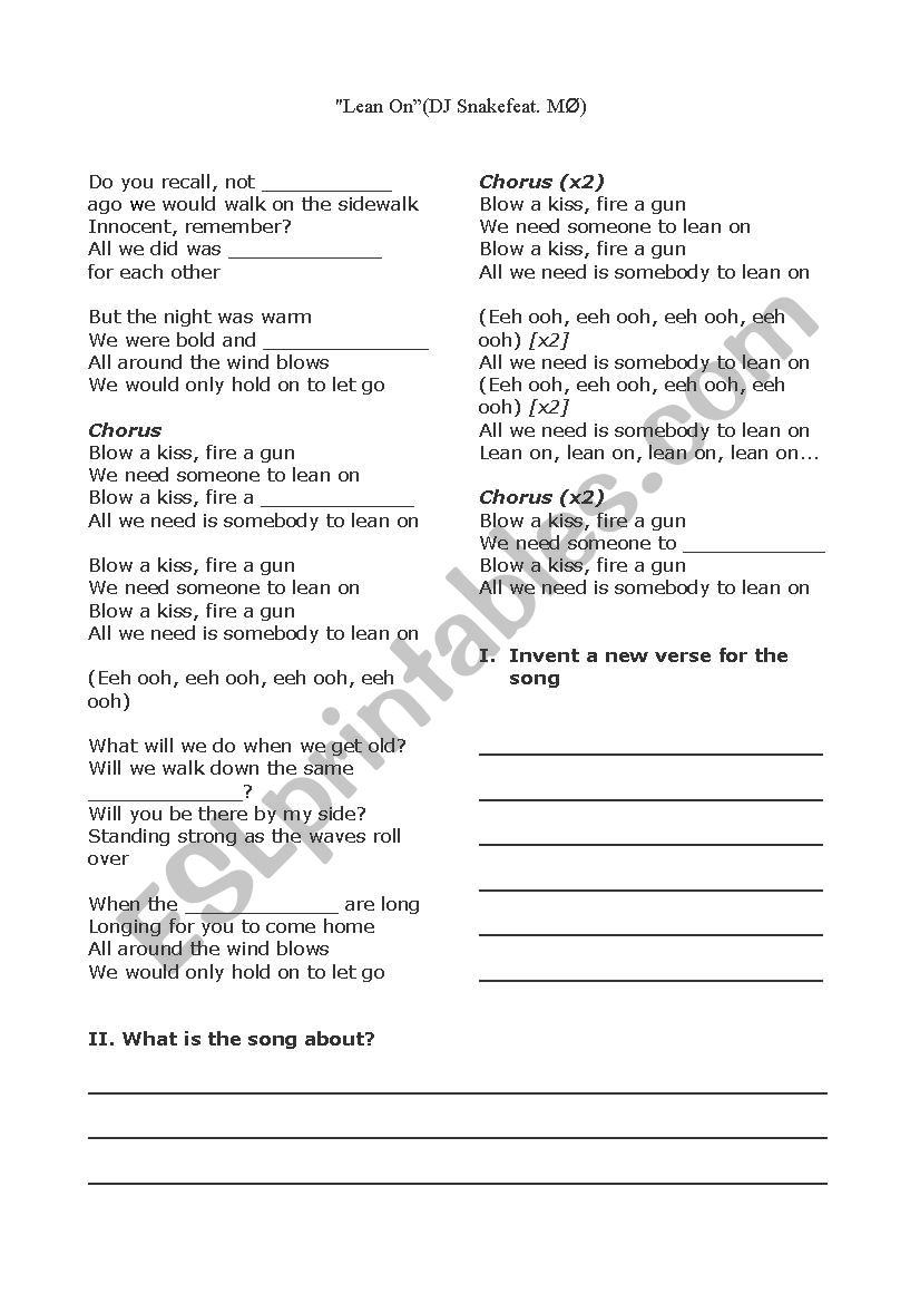 Song Lean On worksheet