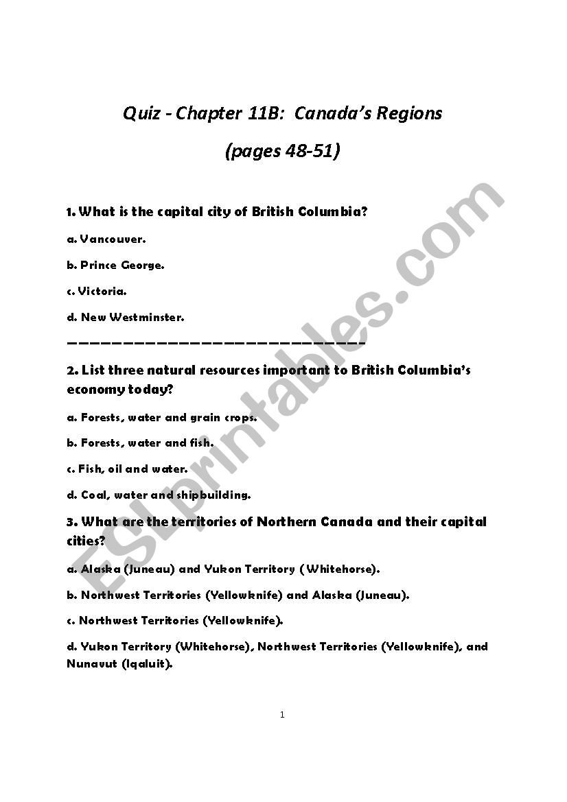 Canadian Citizenship Test (CanadaÂ´s Geographical regions)