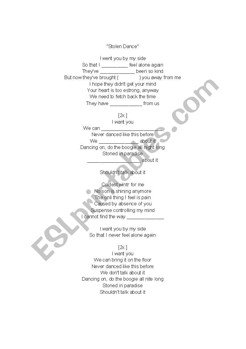 Stolen Dance Song Activity Esl Worksheet By Mscaguasvivas