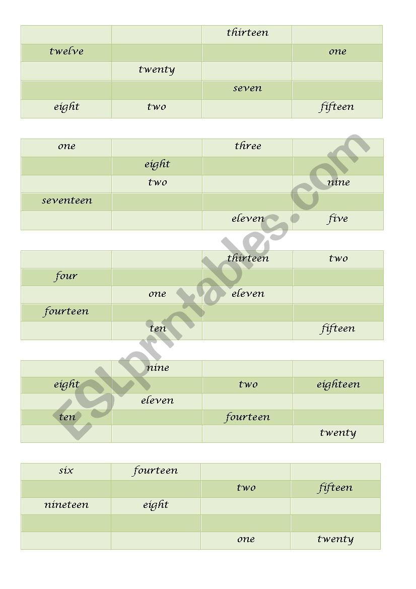 Numbers-bingo worksheet