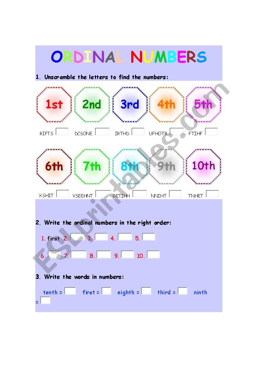 Ordinal Numbers worksheet