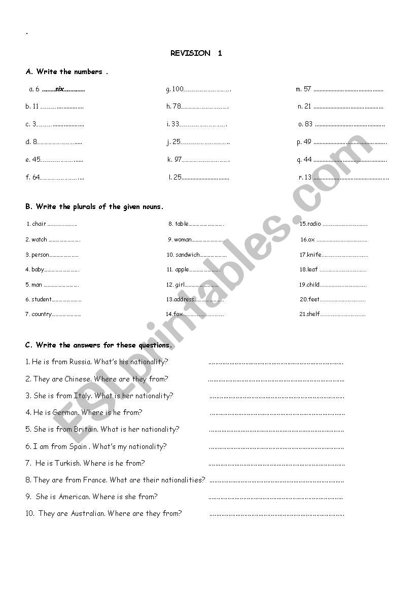revision for 9th classes worksheet