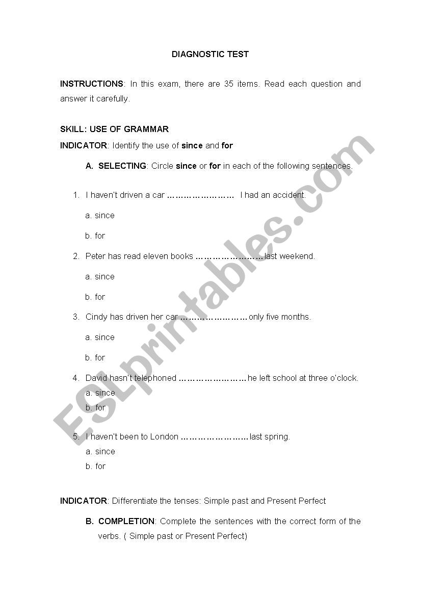 Diagnostic Test worksheet