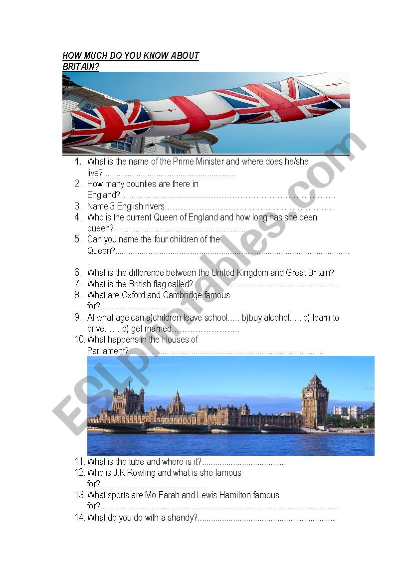 British quiz worksheet