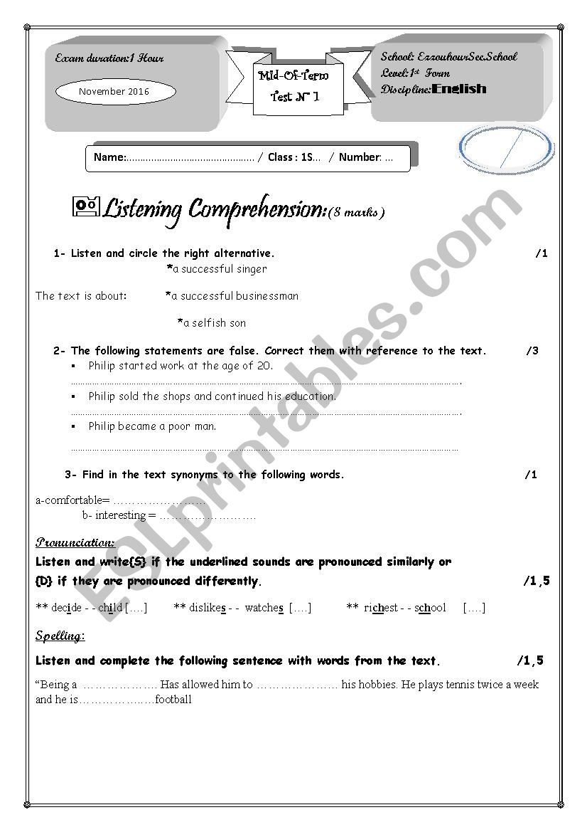 1st form test 1 worksheet