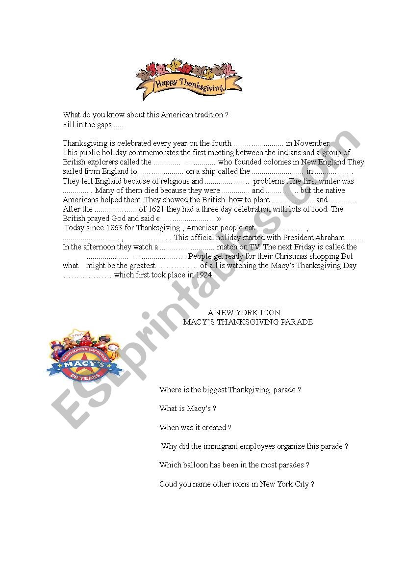 THANKSGIVING TRADITIONS worksheet