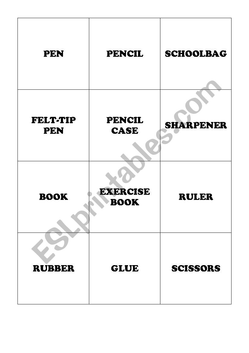 school objects memory worksheet