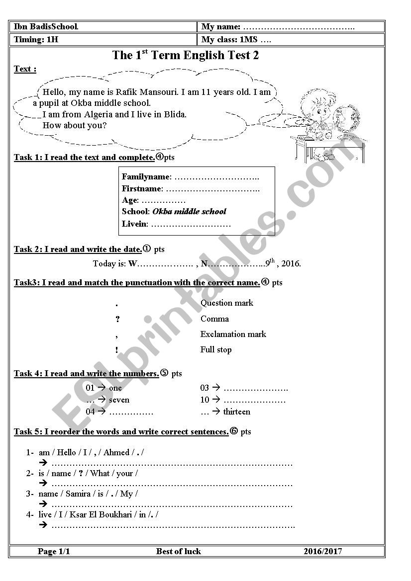 1MS test 2 Second Generation worksheet