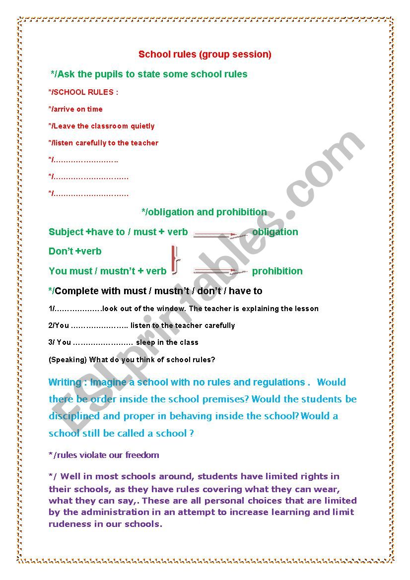 school rules ( group session) worksheet