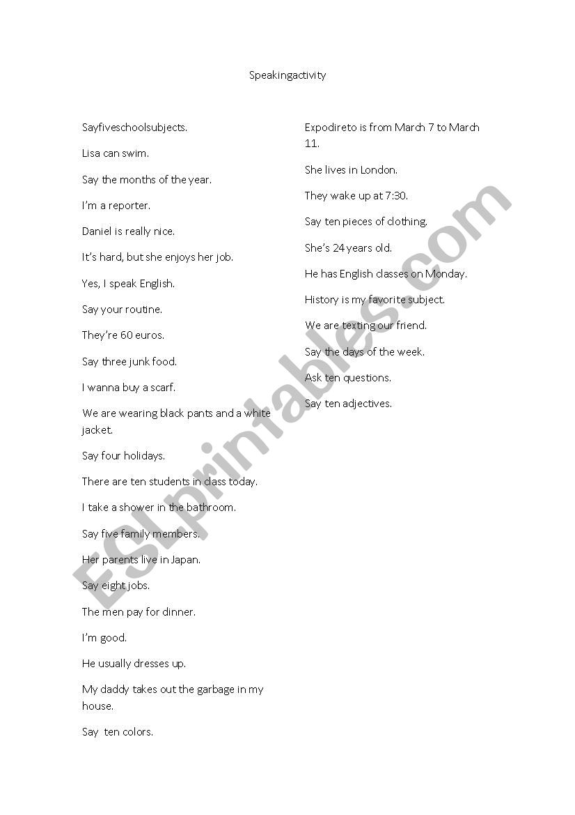 Say the question worksheet