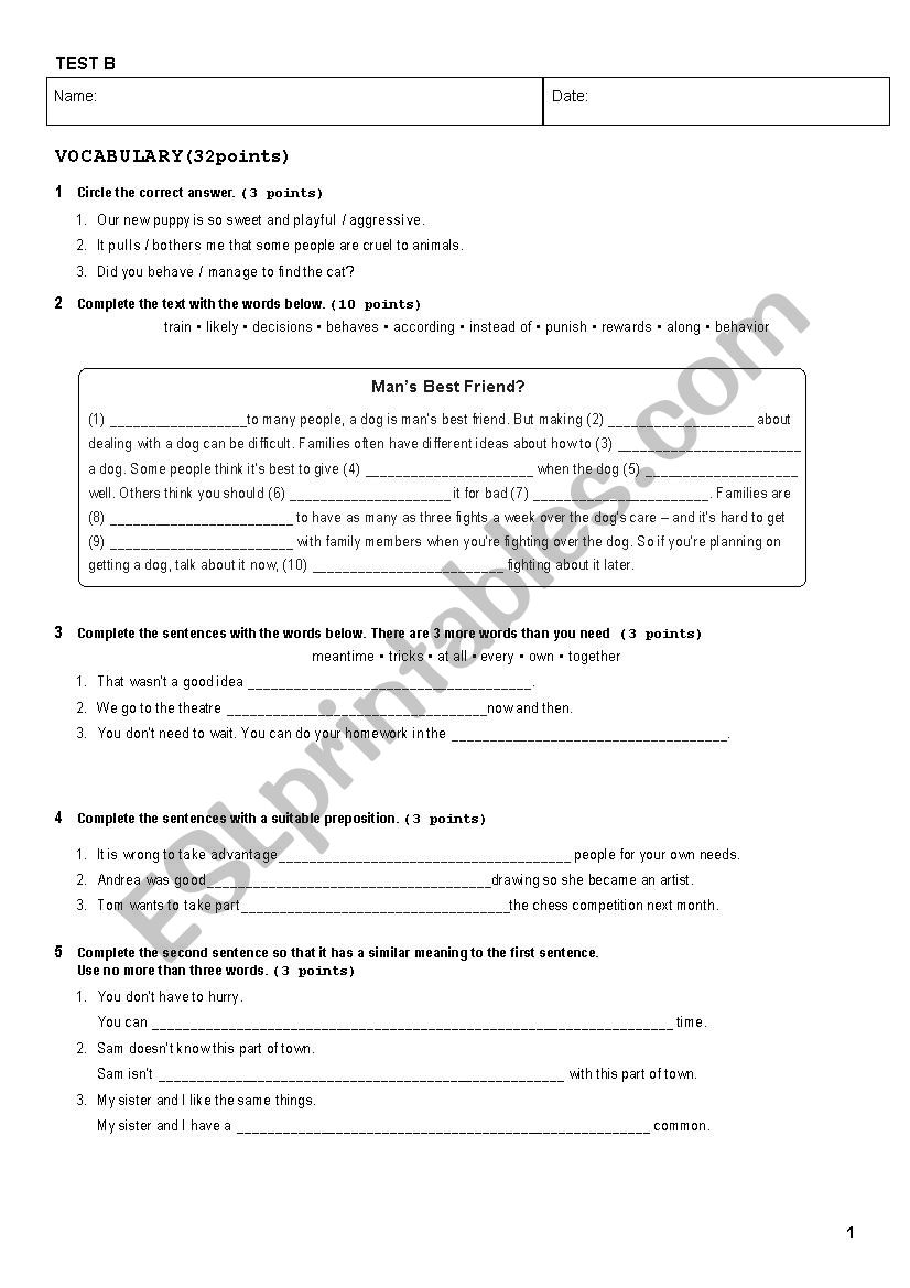 Test Vocabulary and Grammar worksheet